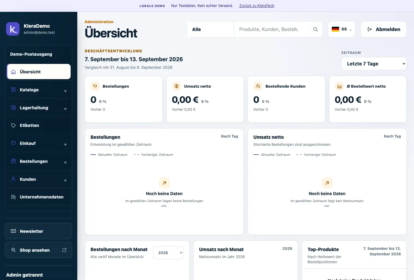Echte lokale Demo: die KleraTech-Verwaltung mit leerem Testbestand