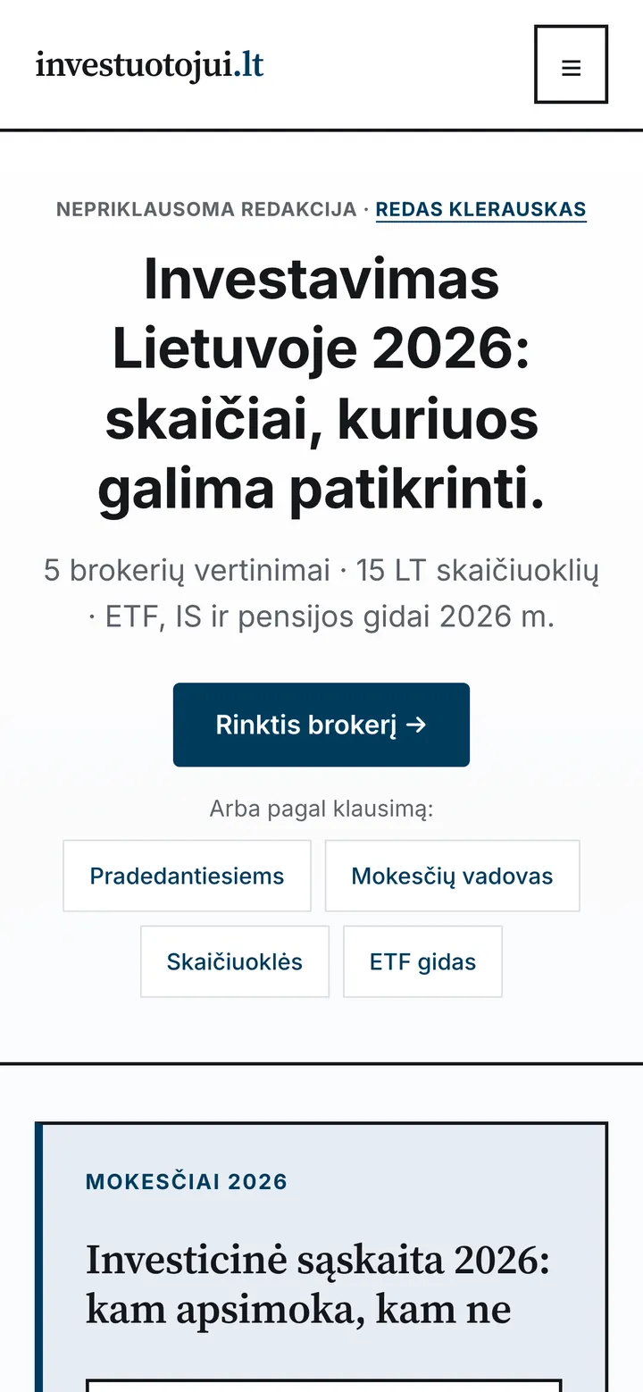 Investuotojui.lt pagrindinis puslapis telefone